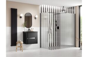 Aqua Platinum 900mm Fluted Wetroom Panel & Side Panel Arm - Matt Black