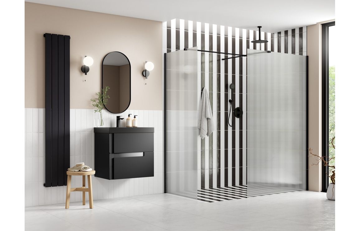 Aqua Platinum 800mm Fluted Wetroom Panel & Side Panel Arm - Matt Black